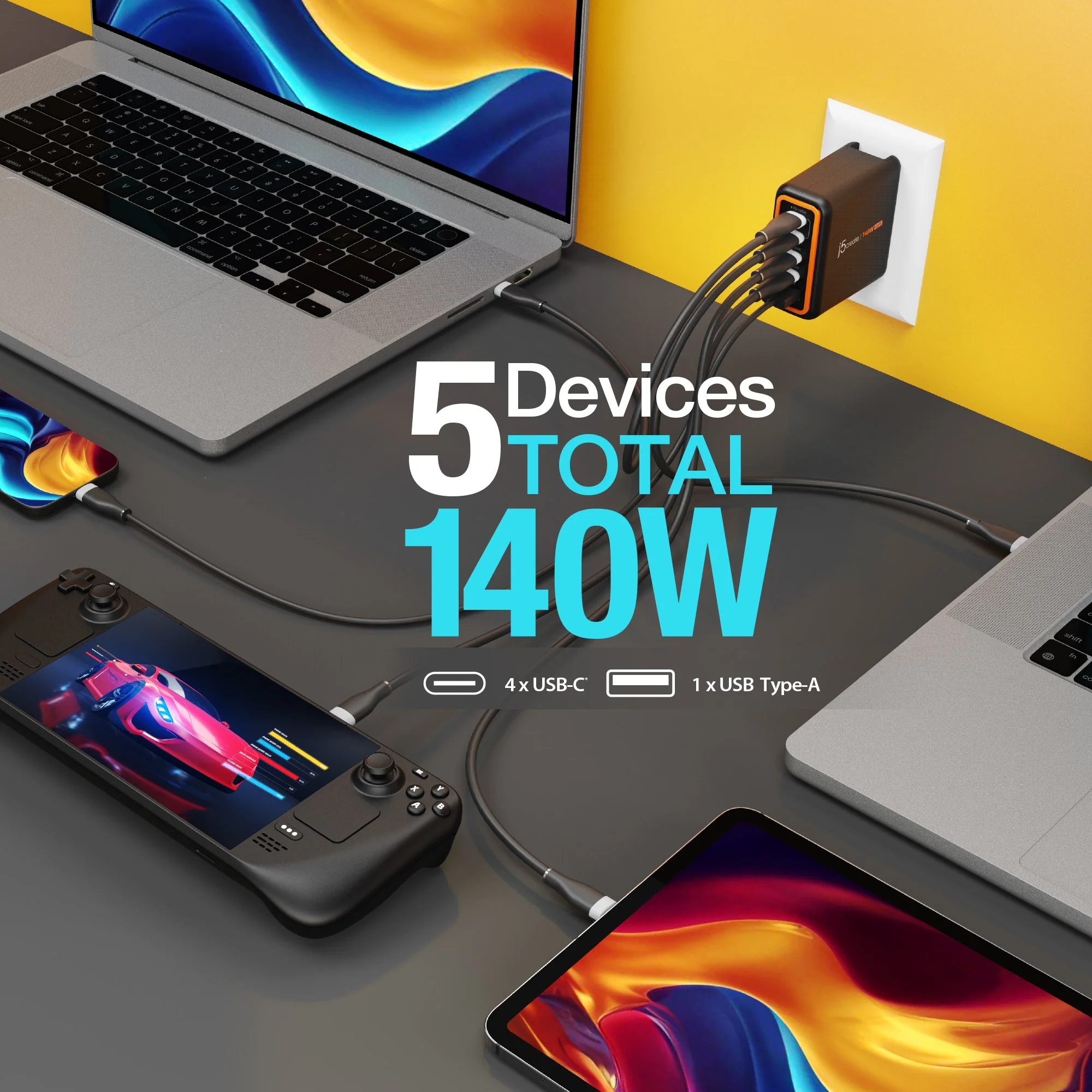 JUP57140V 140W GaN PD3.1 USB-C® 5-Port Charger with Changeable AC Plugs - Image 5